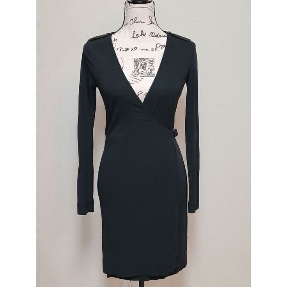 BANANA REPUBLIC Black Stretch Long Sleeve Belted Wrap Dress Size XS - Picture 4 of 15